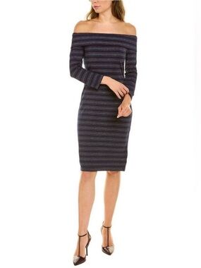 Trina Turk Conch Dress Navy Striped Off-Shoulder Knit